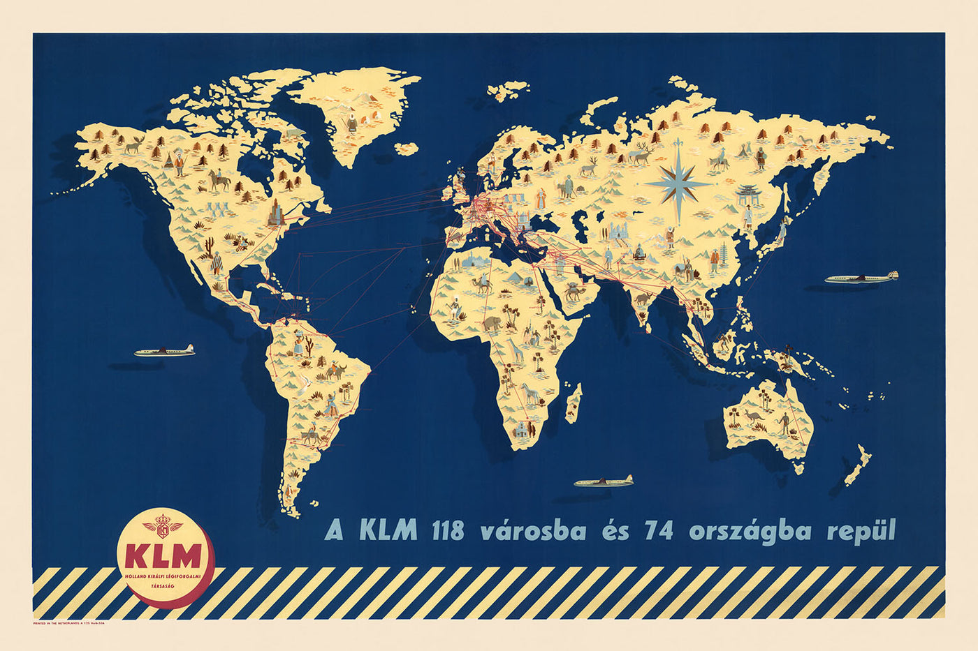 Mapa del Viejo Mundo de las Rutas Aéreas de KLM, 1955: 118 Rutas, 74 Países, Monumentos Pictóricos 