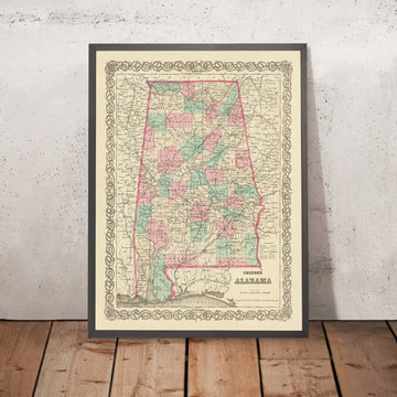 Old Map of Alabama, 1855 by J.H. Colton: Mobile, Montgomery, Huntsville, Tuscaloosa, and Selma