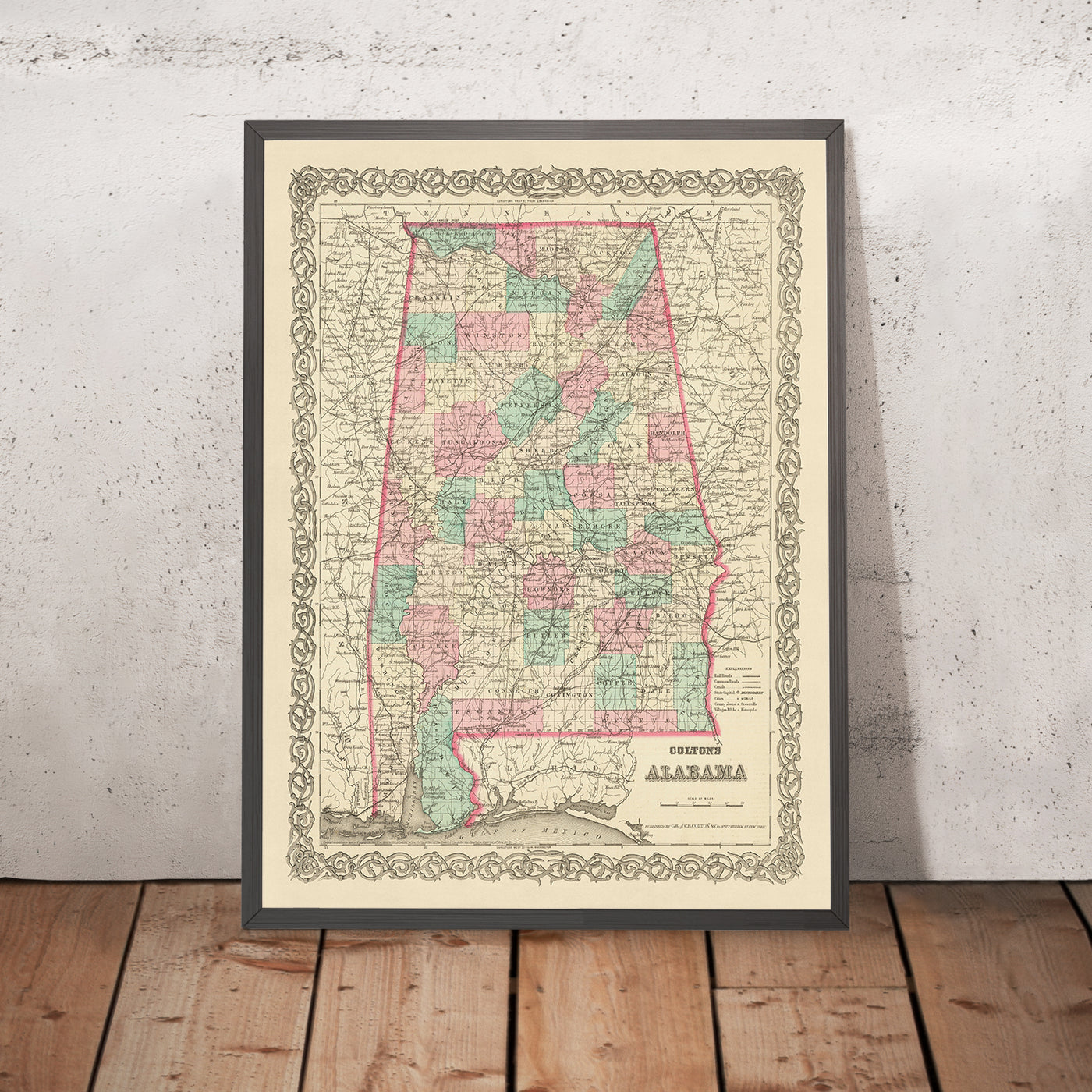 Alte Karte von Alabama, 1855 von J.H. Colton: Mobile, Montgomery, Huntsville, Tuscaloosa und Selma 