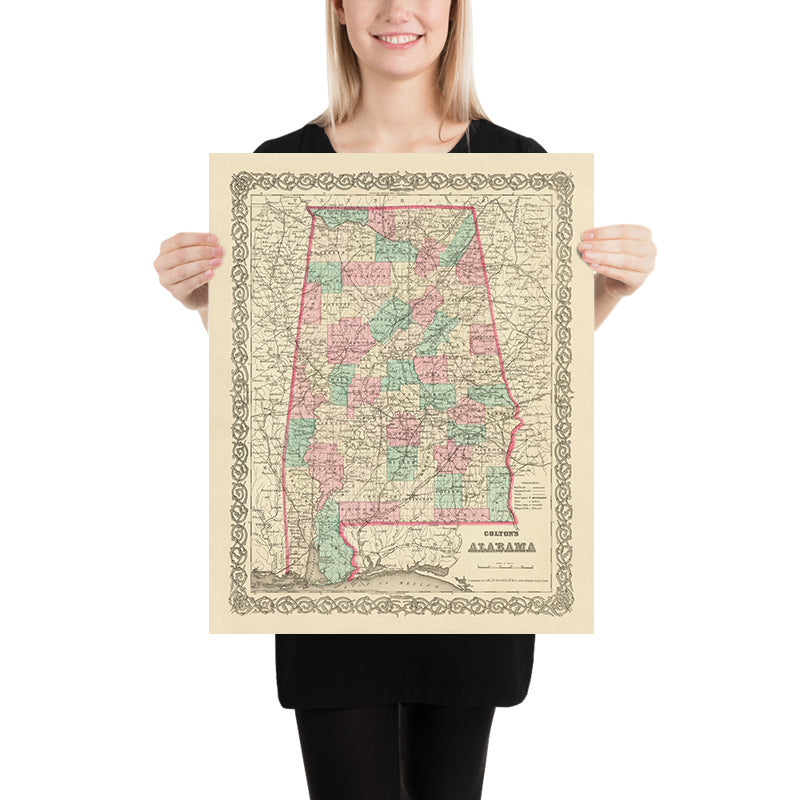Alte Karte von Alabama, 1855 von J.H. Colton: Mobile, Montgomery, Huntsville, Tuscaloosa und Selma 