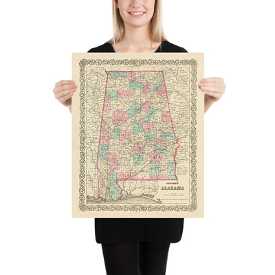 Alte Karte von Alabama, 1855 von J.H. Colton: Mobile, Montgomery, Huntsville, Tuscaloosa und Selma 