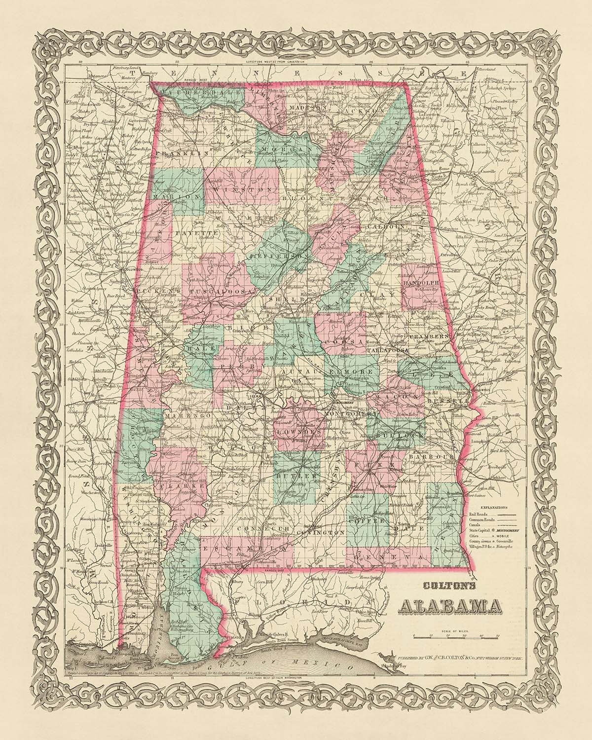 Alte Karte von Alabama, 1855 von J.H. Colton: Mobile, Montgomery, Huntsville, Tuscaloosa und Selma 
