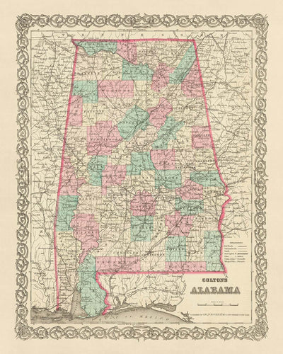 Alte Karte von Alabama, 1855 von J.H. Colton: Mobile, Montgomery, Huntsville, Tuscaloosa und Selma 