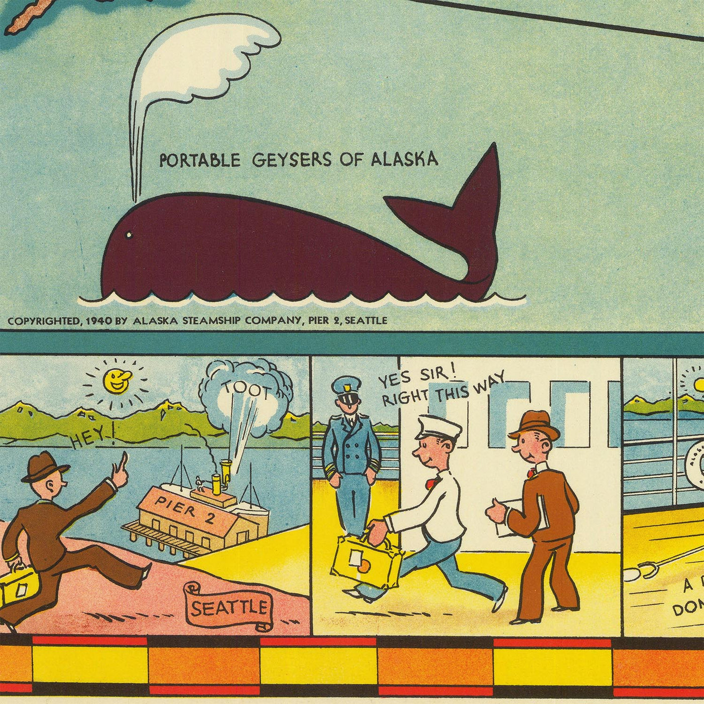 Old Pictorial Map of Alaska by Camy, 1940: Anchorage, Fairbanks, Railway, Geysers, Whales