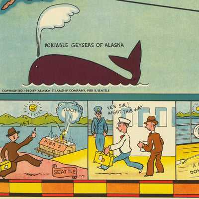 Old Pictorial Map of Alaska by Camy, 1940: Anchorage, Fairbanks, Railway, Geysers, Whales