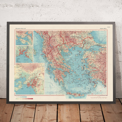 Mapa antiguo de Albania y Grecia, 1967: Atenas, Estambul, Golfo de Kotor, divisiones políticas detalladas y terreno físico 