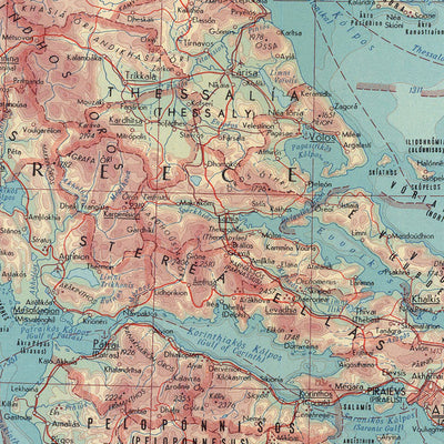 Mapa antiguo de Albania y Grecia, 1967: Atenas, Estambul, Golfo de Kotor, divisiones políticas detalladas y terreno físico 