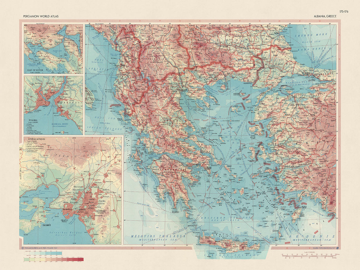 Mapa antiguo de Albania y Grecia, 1967: Atenas, Estambul, Golfo de Kotor, divisiones políticas detalladas y terreno físico 