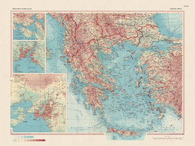 Mapa antiguo de Albania y Grecia, 1967: Atenas, Estambul, Golfo de Kotor, divisiones políticas detalladas y terreno físico 