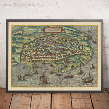 Antica mappa Birdseye di Alessandria, Egitto di Braun, 1575: Il Pilar di Pompeo, Torri, Mura, Navi, Vie d&