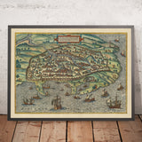 Antica mappa Birdseye di Alessandria, Egitto di Braun, 1575: Il Pilar di Pompeo, Torri, Mura, Navi, Vie d'acqua 