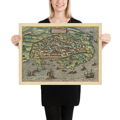 Antigua Mapa Birdseye de Alejandría, Egipto por Braun, 1575: El Pilar de Pompeyo, Torres, Murallas, Barcos, Vías Fluviales 