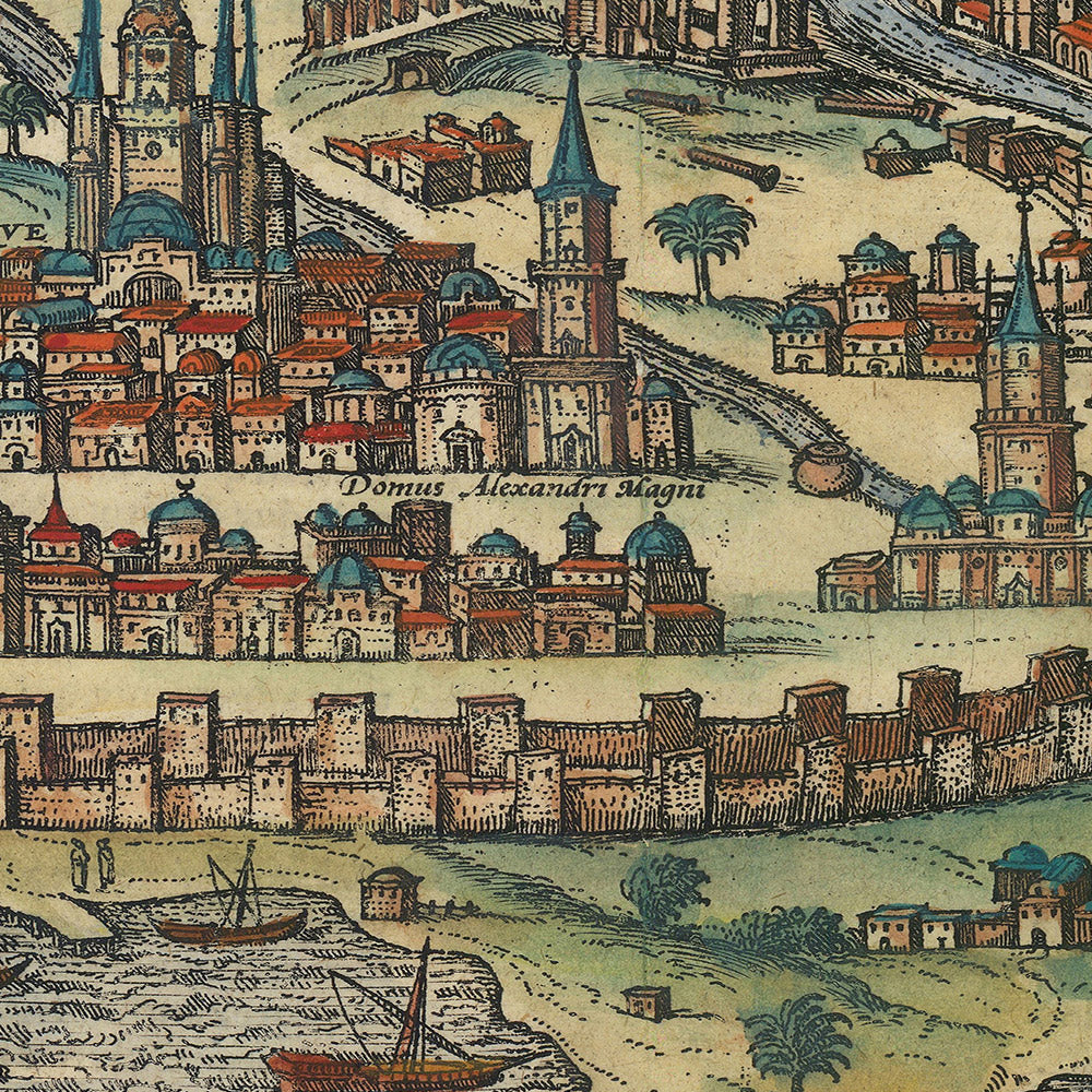 Antigua Mapa Birdseye de Alejandría, Egipto por Braun, 1575: El Pilar de Pompeyo, Torres, Murallas, Barcos, Vías Fluviales 