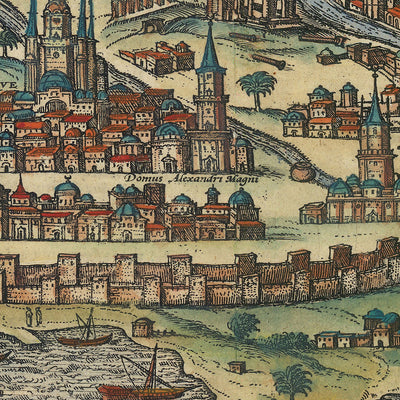 Antigua Mapa Birdseye de Alejandría, Egipto por Braun, 1575: El Pilar de Pompeyo, Torres, Murallas, Barcos, Vías Fluviales 