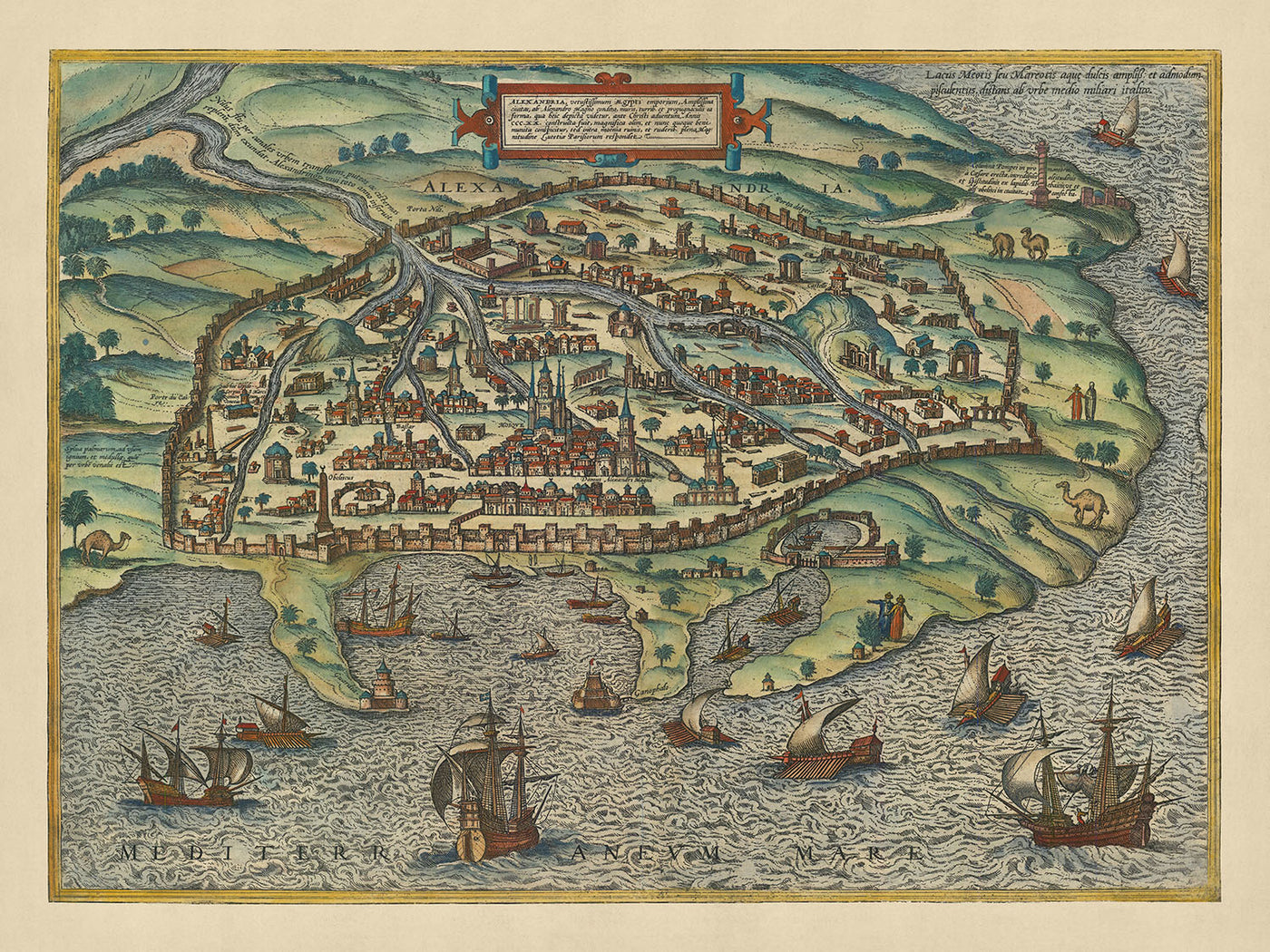 Antigua Mapa Birdseye de Alejandría, Egipto por Braun, 1575: El Pilar de Pompeyo, Torres, Murallas, Barcos, Vías Fluviales 