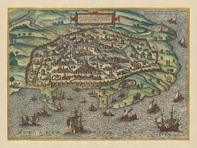 Antigua Mapa Birdseye de Alejandría, Egipto por Braun, 1575: El Pilar de Pompeyo, Torres, Murallas, Barcos, Vías Fluviales 