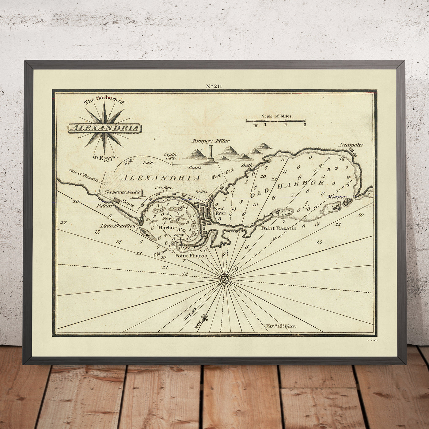 Old Harbour of Alexandria Nautical Chart by Heather, 1802: Cleopatra's Needle, Pompey's Pillar, Mosque