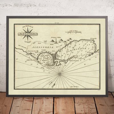Old Harbour of Alexandria Nautical Chart by Heather, 1802: Cleopatra's Needle, Pompey's Pillar, Mosque