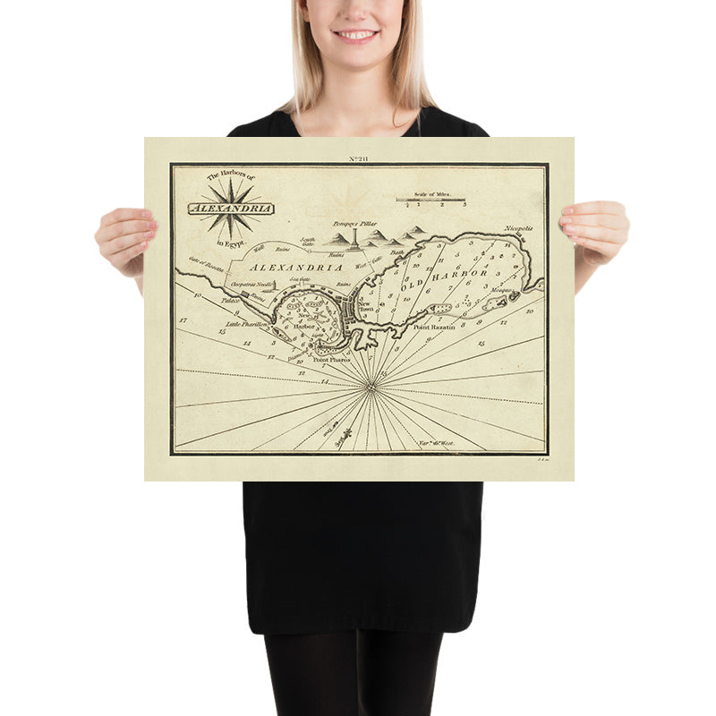 Old Harbour of Alexandria Nautical Chart by Heather, 1802: Cleopatra's Needle, Pompey's Pillar, Mosque