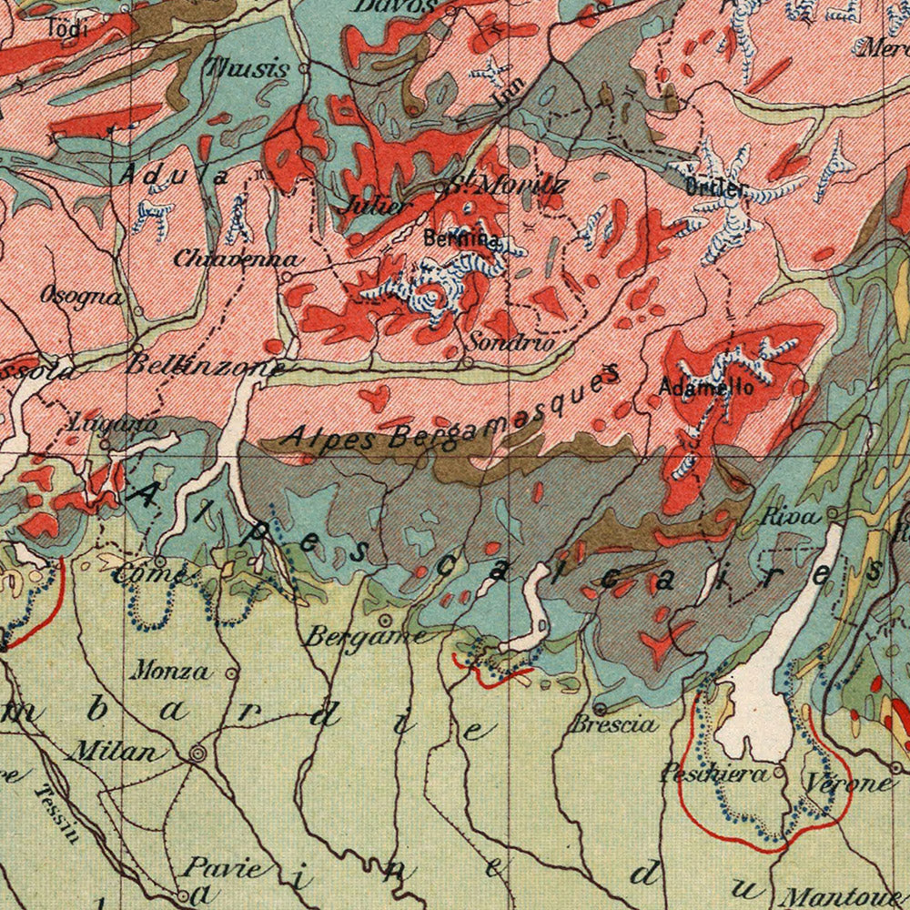 Old Map of the Alps by Kartographia Winterthur, 1921: Switzerland, Austria, Italy, Mont Blanc, Dolomites