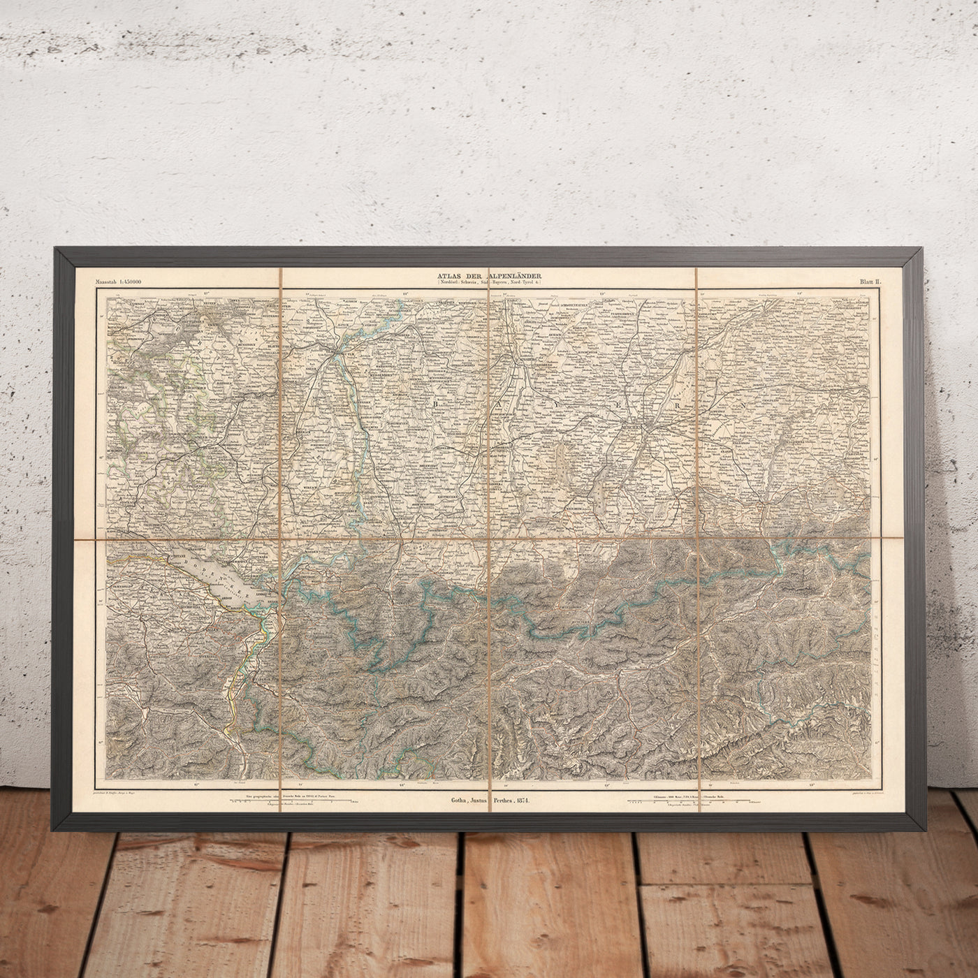 Mapa antiguo de los Alpes del Noreste por Mayr, 1874: Zúrich, Múnich, Innsbruck, Lago de Constanza 