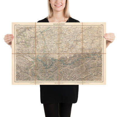 Mapa antiguo de los Alpes del Noreste por Mayr, 1874: Zúrich, Múnich, Innsbruck, Lago de Constanza 