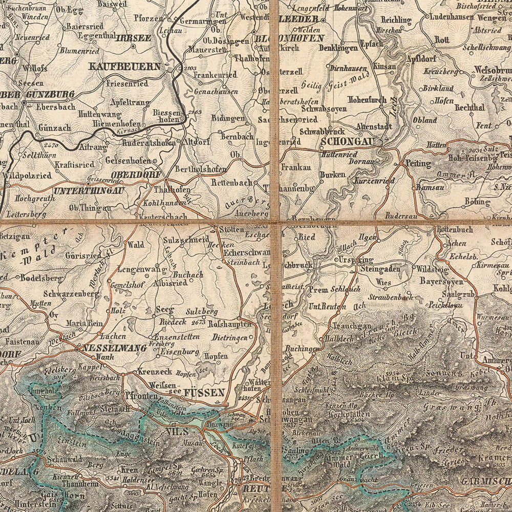 Mapa antiguo de los Alpes del Noreste por Mayr, 1874: Zúrich, Múnich, Innsbruck, Lago de Constanza 