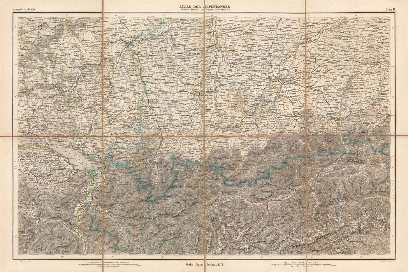 Mapa antiguo de los Alpes del Noreste por Mayr, 1874: Zúrich, Múnich, Innsbruck, Lago de Constanza 