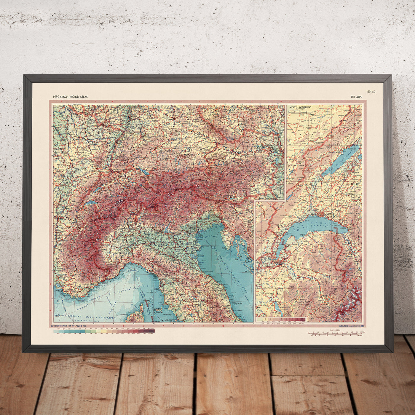Mapa antiguo de los Alpes, 1967: Suiza occidental, límites políticos detallados, características físicas, picos alpinos, valles 