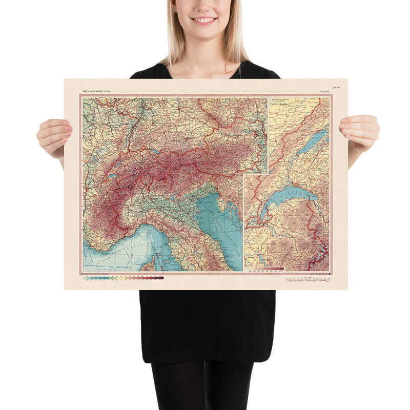 Mapa antiguo de los Alpes, 1967: Suiza occidental, límites políticos detallados, características físicas, picos alpinos, valles 