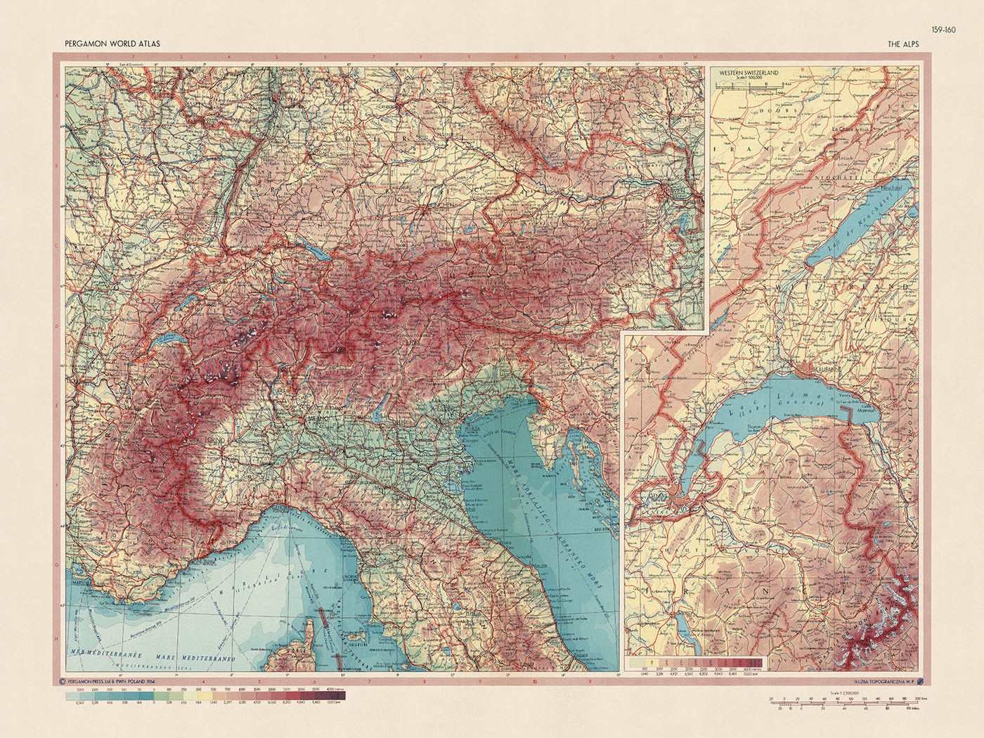 Mapa antiguo de los Alpes, 1967: Suiza occidental, límites políticos detallados, características físicas, picos alpinos, valles 