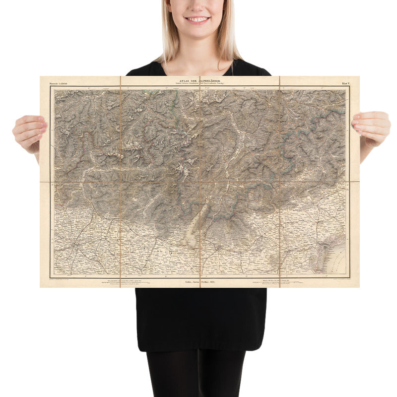 Old Map of Southeastern Alps by Mayr, 1874: Switzerland, Italy, Milan, Verona, Lake Garda, Como