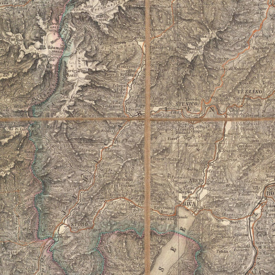 Old Map of Southeastern Alps by Mayr, 1874: Switzerland, Italy, Milan, Verona, Lake Garda, Como