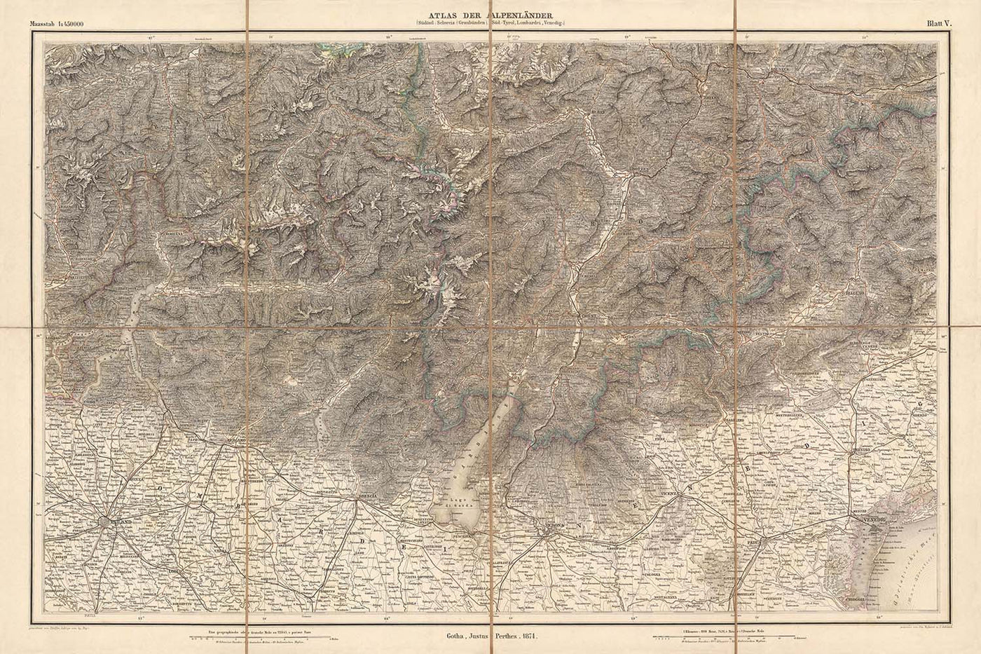 Old Map of Southeastern Alps by Mayr, 1874: Switzerland, Italy, Milan, Verona, Lake Garda, Como