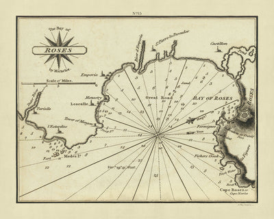 Alter Golf von Rosen, Spanien Nautische Karte von Heather, 1802: Costa Brava, Katalanische Küste, Tiefenmessungen 