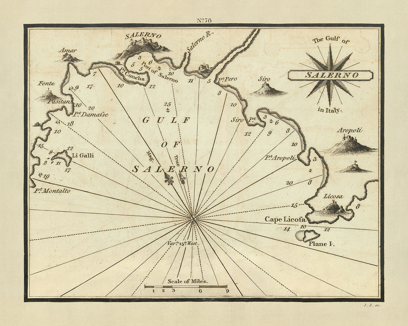 Antigua carta náutica del Golfo de Salerno por Heather, 1802: Amalfi, sondeos 