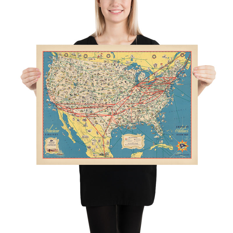 Old American Airlines Map of the USA, 1947: Airplane Routes