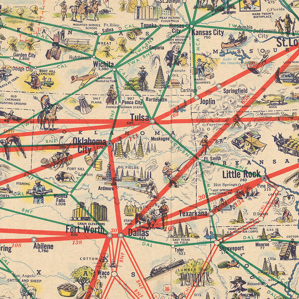 Old American Airlines Map of the USA, 1947: Airplane Routes