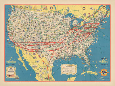 Old American Airlines Map of the USA, 1947: Airplane Routes