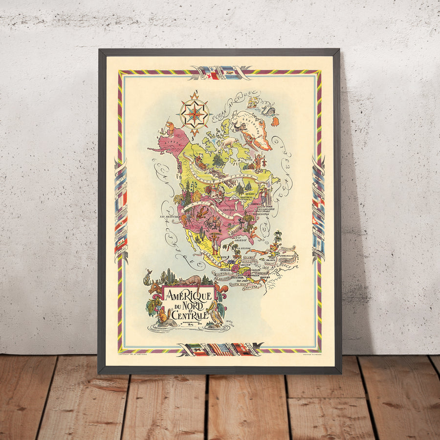 Mappa Pittorica Antica del Nord e Centro America di Liozu, 1951: Città Principali, Fauna, USA, Caraibi 