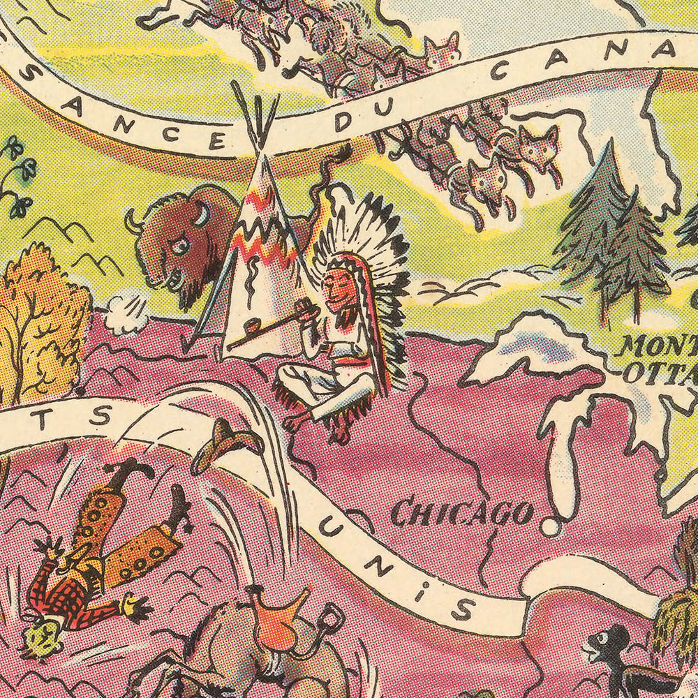 Antigua Mapa Pictórico de América del Norte y Central por Liozu, 1951: Ciudades Principales, Vida Silvestre, EE. UU., Caribe 