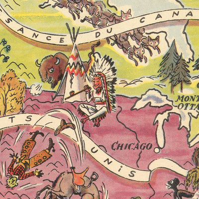 Antigua Mapa Pictórico de América del Norte y Central por Liozu, 1951: Ciudades Principales, Vida Silvestre, EE. UU., Caribe 