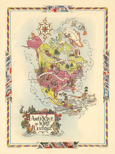Antigua Mapa Pictórico de América del Norte y Central por Liozu, 1951: Ciudades Principales, Vida Silvestre, EE. UU., Caribe 