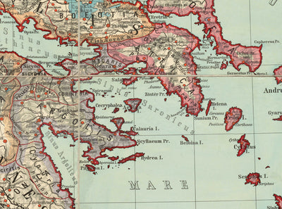 Old Map of Ancient Greece by Van Kampen in 1889 - Athens, Corfu, Zakynthos, Megara, Sparti