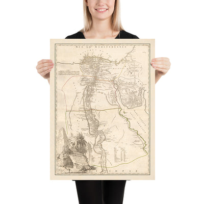 Ancienne carte de l'Égypte antique par Delamarche, 1757 : Nil, Pyramides, Sphinx, Temples, Le Caire, Gizeh, Louxor, Memphis, etc. 