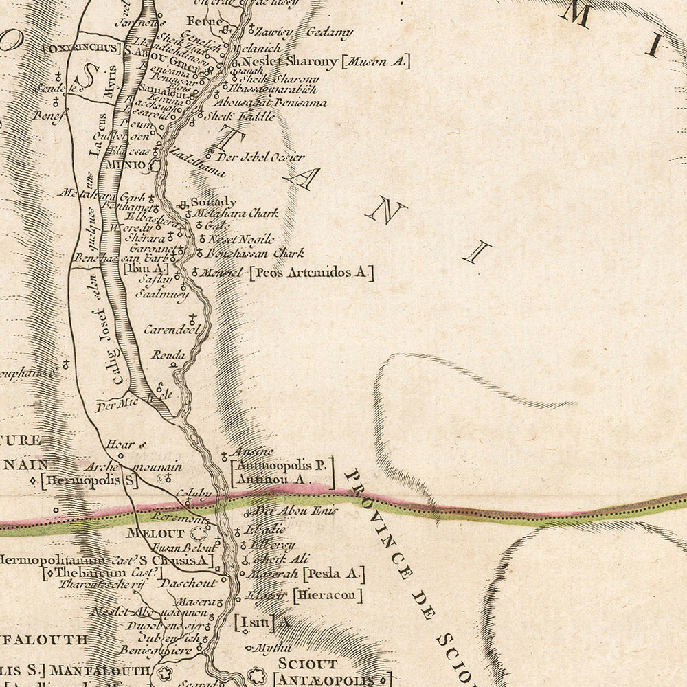 Ancienne carte de l'Égypte antique par Delamarche, 1757 : Nil, Pyramides, Sphinx, Temples, Le Caire, Gizeh, Louxor, Memphis, etc. 