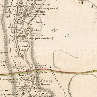 Ancienne carte de l'Égypte antique par Delamarche, 1757 : Nil, Pyramides, Sphinx, Temples, Le Caire, Gizeh, Louxor, Memphis, etc. 