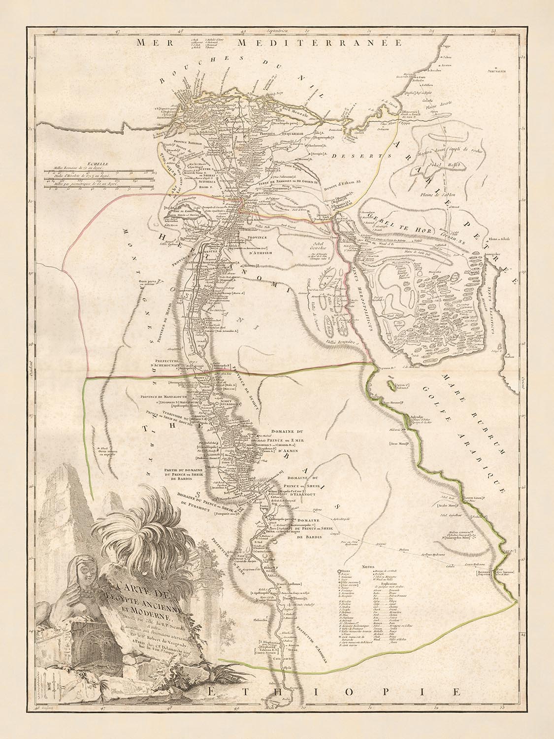 Ancienne carte de l'Égypte antique par Delamarche, 1757 : Nil, Pyramides, Sphinx, Temples, Le Caire, Gizeh, Louxor, Memphis, etc. 