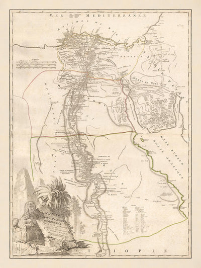 Ancienne carte de l'Égypte antique par Delamarche, 1757 : Nil, Pyramides, Sphinx, Temples, Le Caire, Gizeh, Louxor, Memphis, etc. 