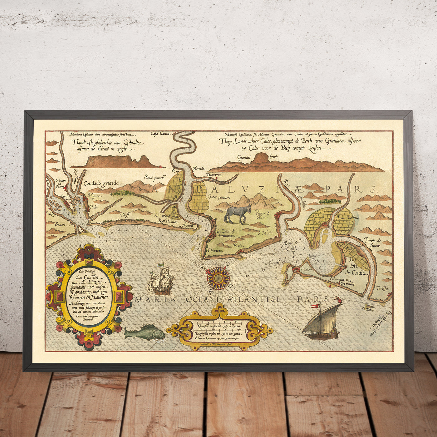 Old Naval Map of Cadiz by Waghenaer, 1583: Strait of Gibraltar, Cadiz, Lisbon, Sea Monsters, Sailing Ships